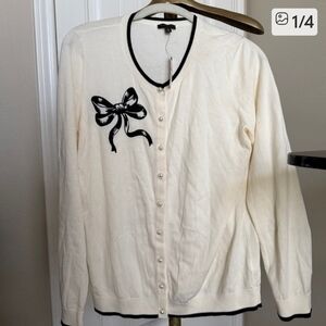 Talbots Ivory Cardigan with Black Bow Detail